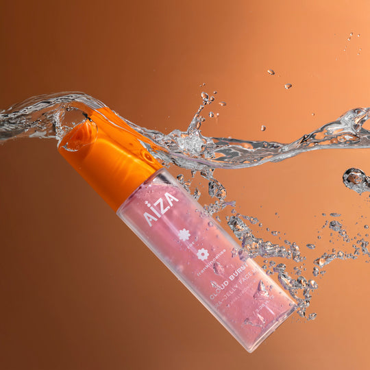 Aiza product bottle with minimalist background styling